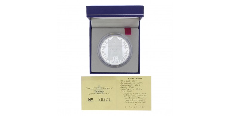 Monnaie, France , 15 écus / 100 francs BE Charlemagne, Monnaie de Paris, Argent, 1990, Pessac, P11424