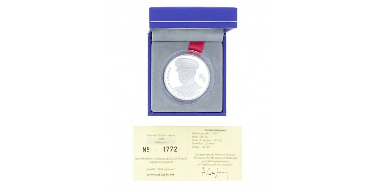 France, Monnaie de Paris, 100 Francs BE Libération - Eisenhower, Argent, 1994, Pessac, P16074