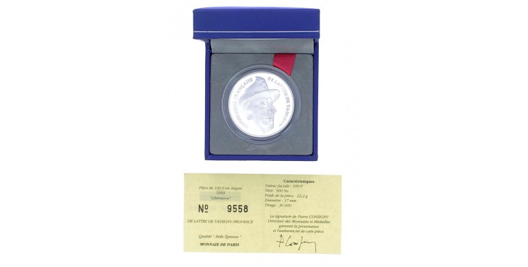 France, Monnaie de Paris, 100 Francs BE Libération -Delattre Tassigny, Argent, 1994, Pessac, P16076