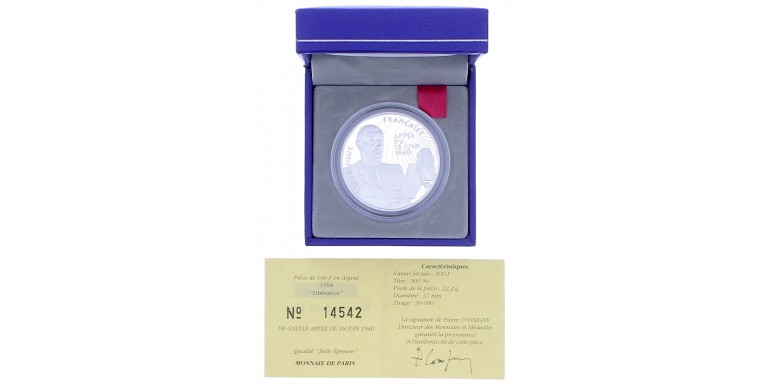 Monnaie de Paris, 100 Francs "Libération", De Gaulle - L'appel du 18 Juin 1940, Argent, 1994, P16080