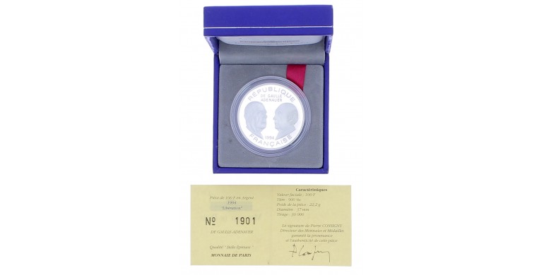 Monnaie de Paris, 100 Francs "Libération", De Gaulle - Adenauer, Argent, 1994, Pessac, P16081