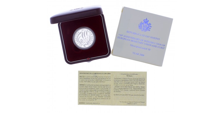 Monnaie, République de Saint Marin, 10 euro, 10ème anniversaire de l'introduction de l'Euro, Argent, 2009, P16125