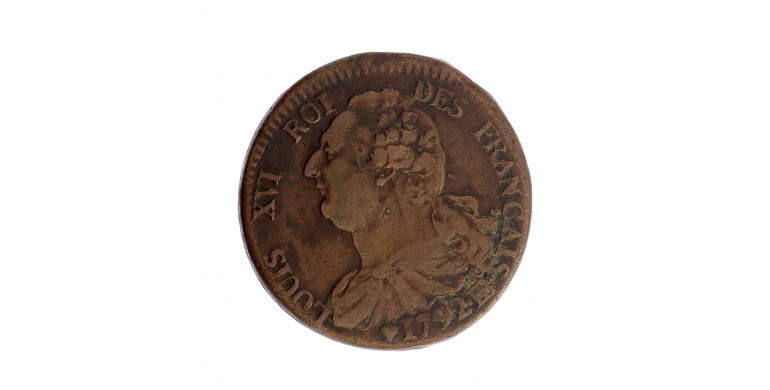 Monnaie, France, 2 sols François, Louis XVI, métal de cloche, 1792, Strasbourg (BB), P15778