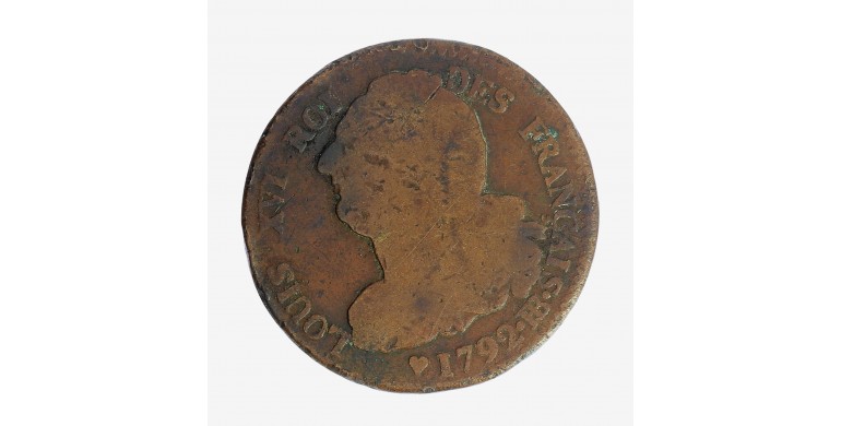 Monnaie, France, 2 sols à la Balance, Louis XVI, métal de cloche, 1792, Strasbourg (BB), P15780