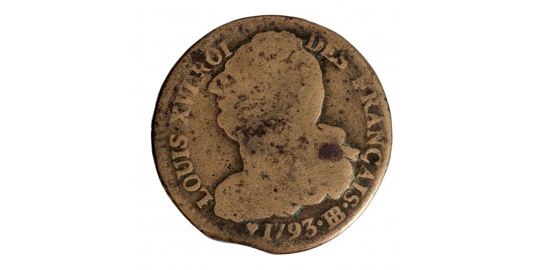 Monnaie, France, 2 Sols François, Louis XVI, métal de cloche, 1793, Strasbourg, P15813