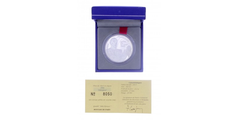 Monnaie de Paris, 100 Francs BE De Gaulle - Appel du 18 juin 1940, 1994, Pessac, P16258