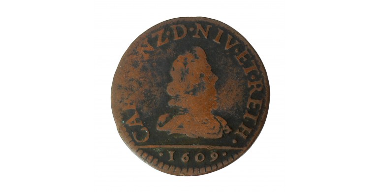 Monnaie, 1 Liard au buste large, Charles Ier de Gonzague, bronze, 1609, Charleville, P15647