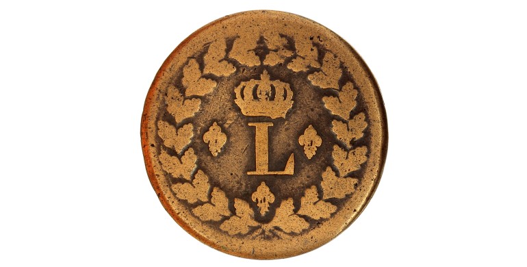Monnaie, France, Décime au L couronné, Louis XVIII, 1814, cuivre ou bronze de canon, Strasbourg (BB), P15976