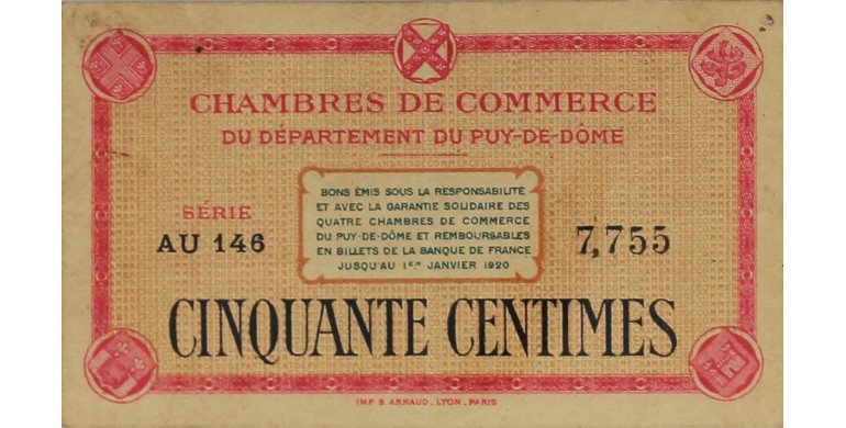 Billet, France , 50 Centimes Chambre de Commerce du Puy de Dôme, 01/01/1920, B10019