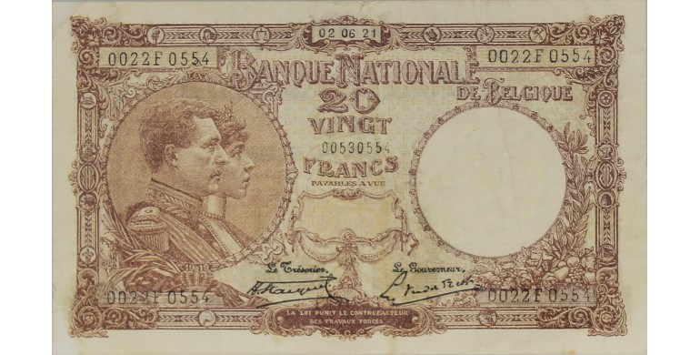 Billet, Belgique, 20 Francs Roi Albert et reine Elisabeth, 02/06/1921, B10209