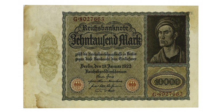 Billet, Allemagne, 10 000 Mark République de Weimar, 19/01/1922, B10235.