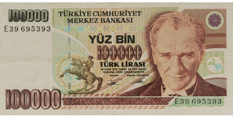 Billet, Turquie, 100 000 Lira  Président Kemel Ataturk, 1991, B10268