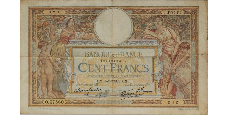 Billet, France , 100 Francs Luc Olivier Merson, 14/09/1939, B10338