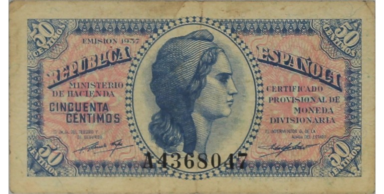 Billet, Espagne, 50 Centimos Certificado Provisional De Moneda Divisionaria, 1937, B10344