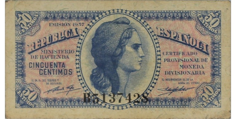 Billet, Espagne, 50 Centimos Certificado Provisional De Moneda Divisionaria, 1937, B10345