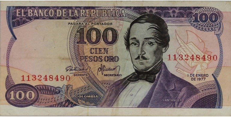 Billet, Colombie, 100 Pesos Oro Général Francisco de Paula Santander, 01/01/1977, B10375
