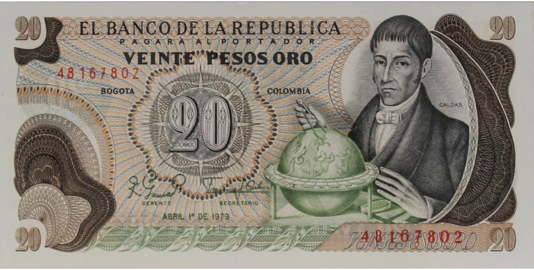 Billet, Colombie, 20 Pesos Oro Fransisco José de Caldas, 01/04/1979, B10376