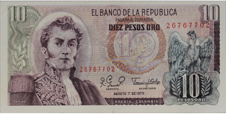 Billet, Colombie, 10 Pesos Oro Général Antono Narino, 07/08/1979, B10377