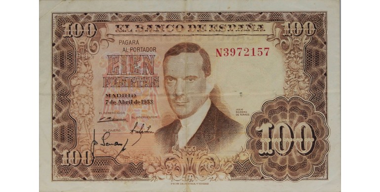 Billet, Espagne, 100 Pesetas Juan Romero De Torres, 07/04/1953, B10571
