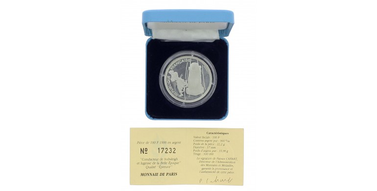 Monnaie de Paris, 100 Francs BE Conducteur de bobsleigh et lugeuse de la Belle Epoque, Argent, 1990, Pessac, P14655