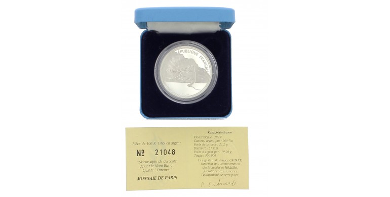 Monnaie de Paris, 100 Francs BE Skieur alpin de descente devant le Mont-Blanc, Argent, 1989, Pessac, P14659